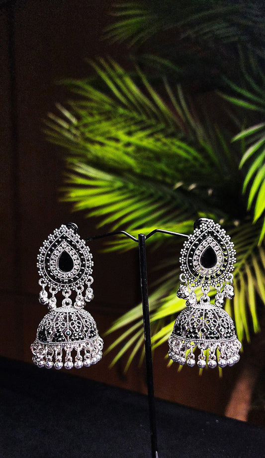 Center Black Stone Inside Outside Silver Earrings