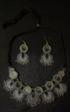 Oxidized Statement Lotus Choker Necklace Set with Earrings
