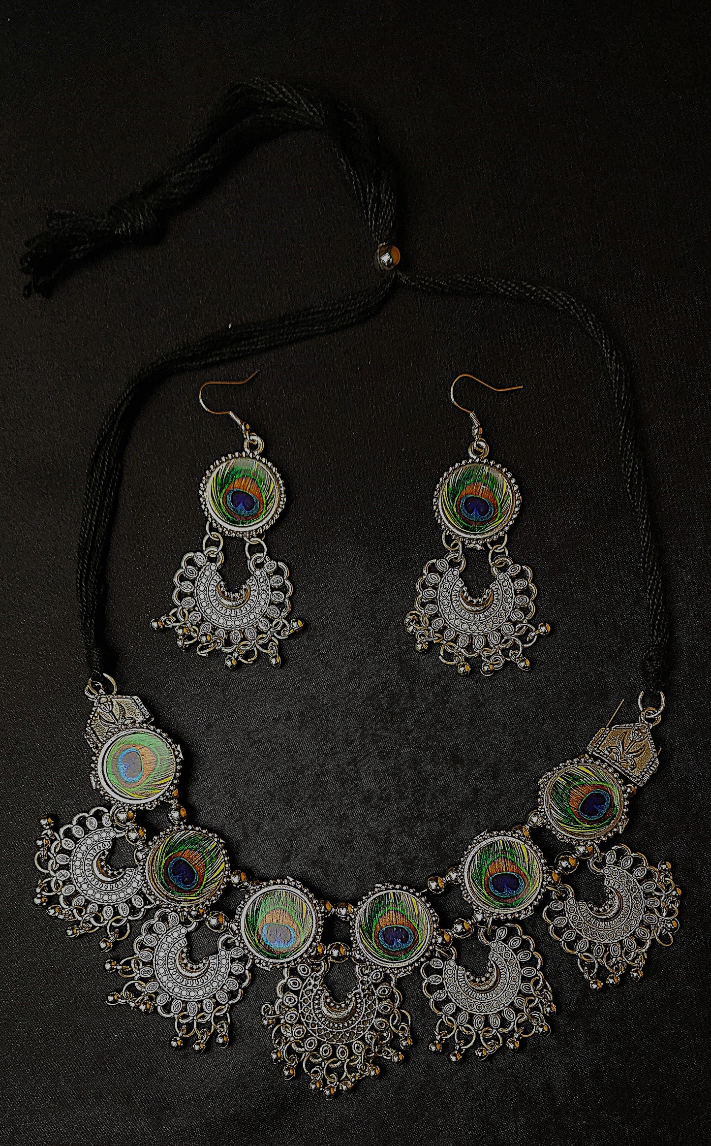 Oxidized Statement Lotus Choker Necklace Set with Earrings