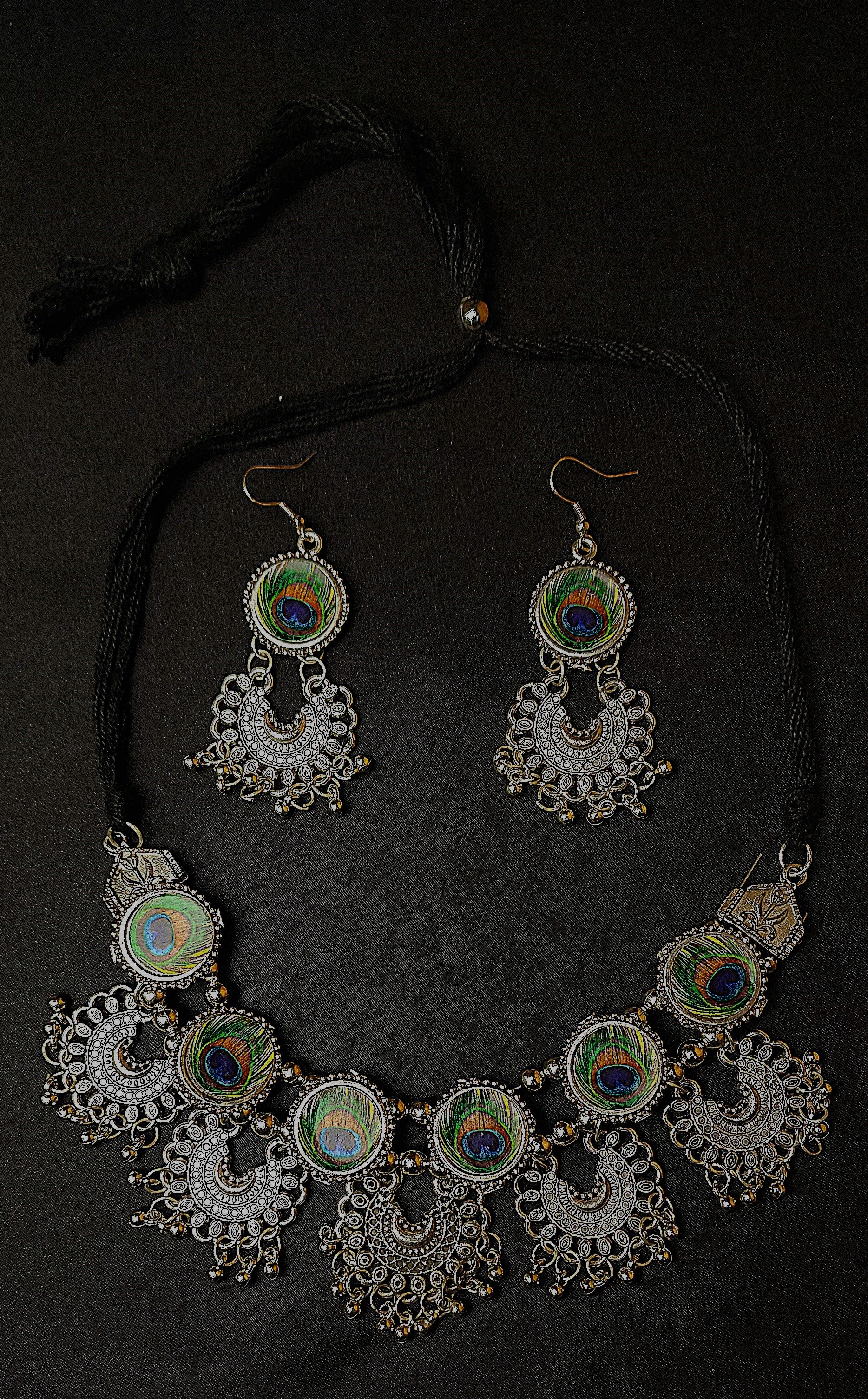 Oxidized Statement Lotus Choker Necklace Set with Earrings