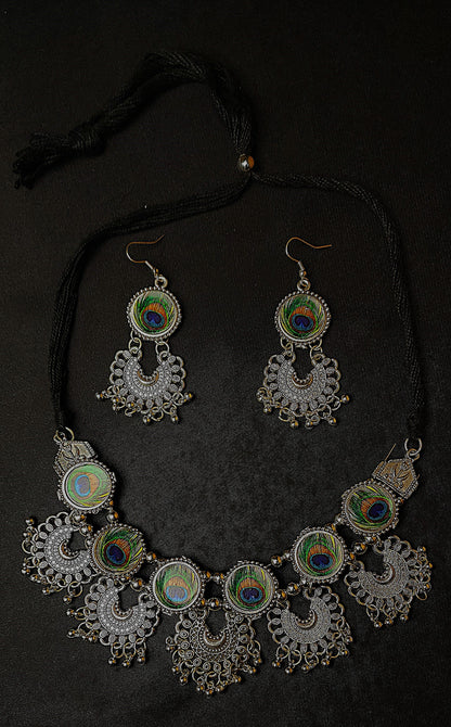 Oxidized Statement Lotus Choker Necklace Set with Earrings