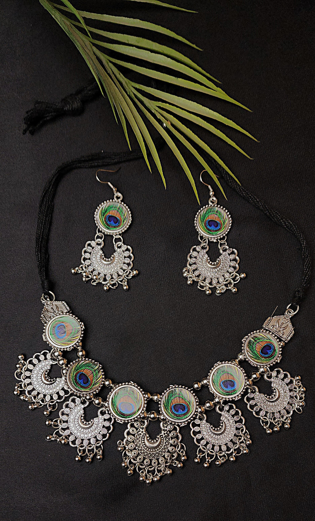 Oxidized Statement Lotus Choker Necklace Set with Earrings