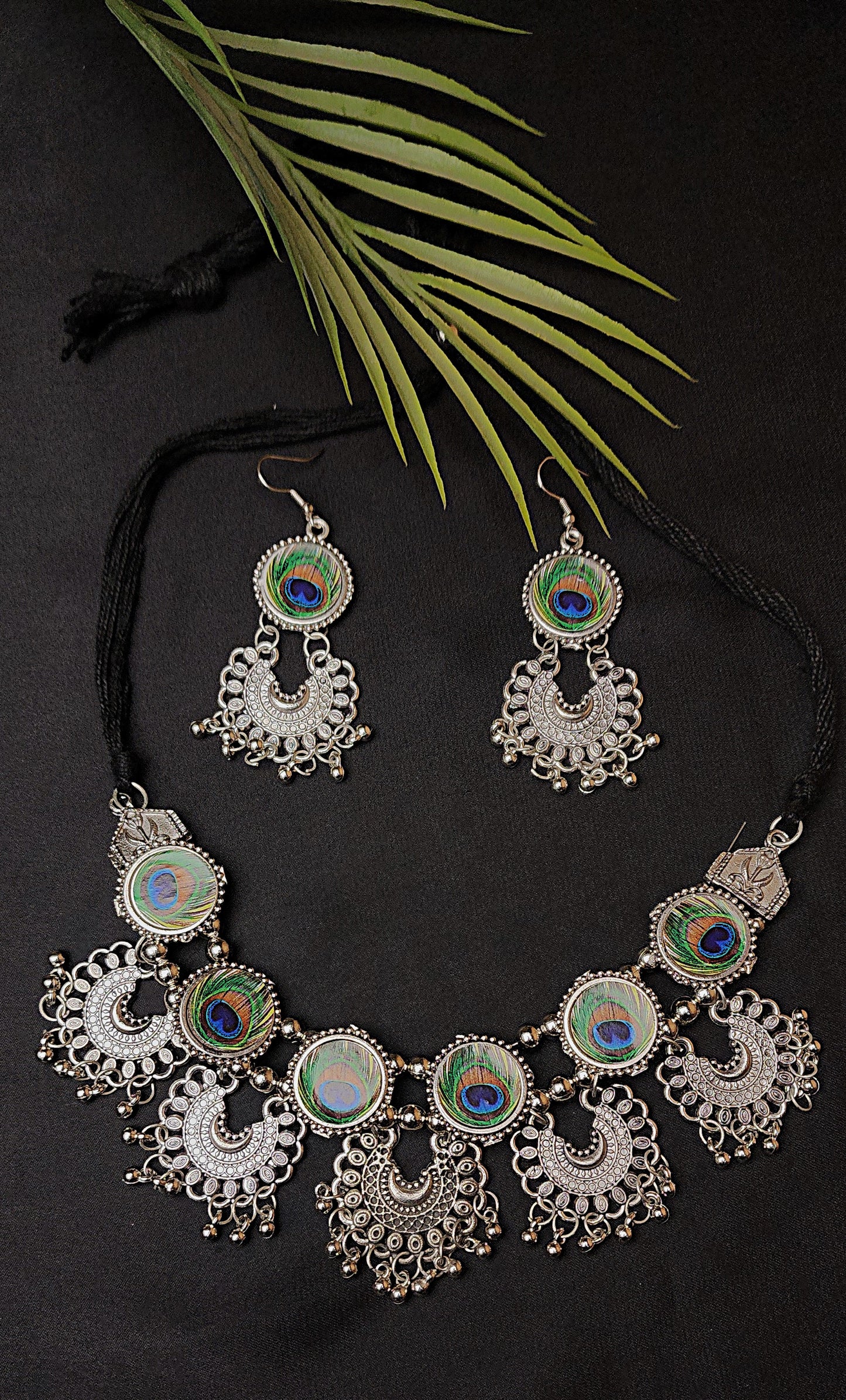Oxidized Statement Lotus Choker Necklace Set with Earrings