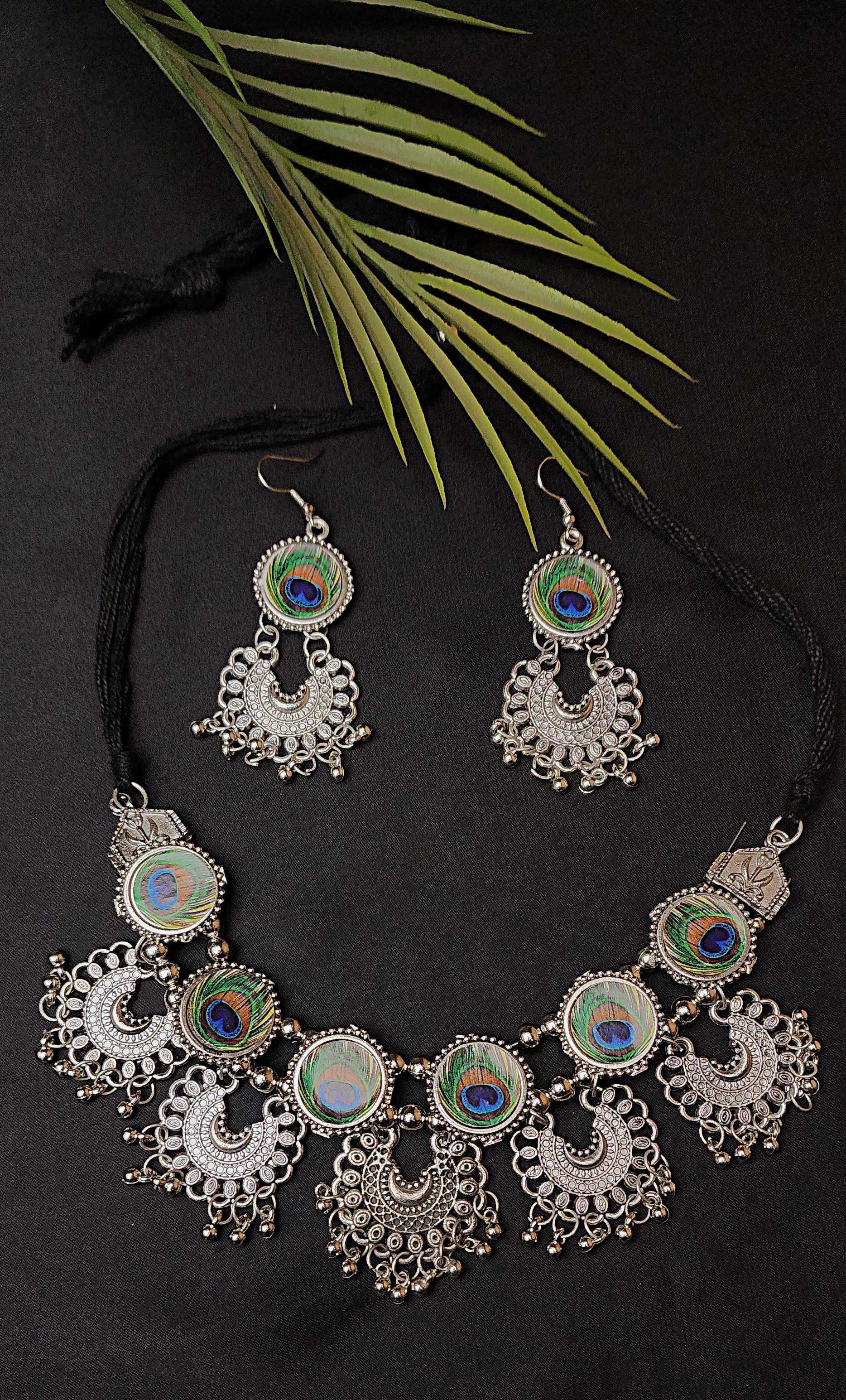 Oxidized Statement Lotus Choker Necklace Set with Earrings