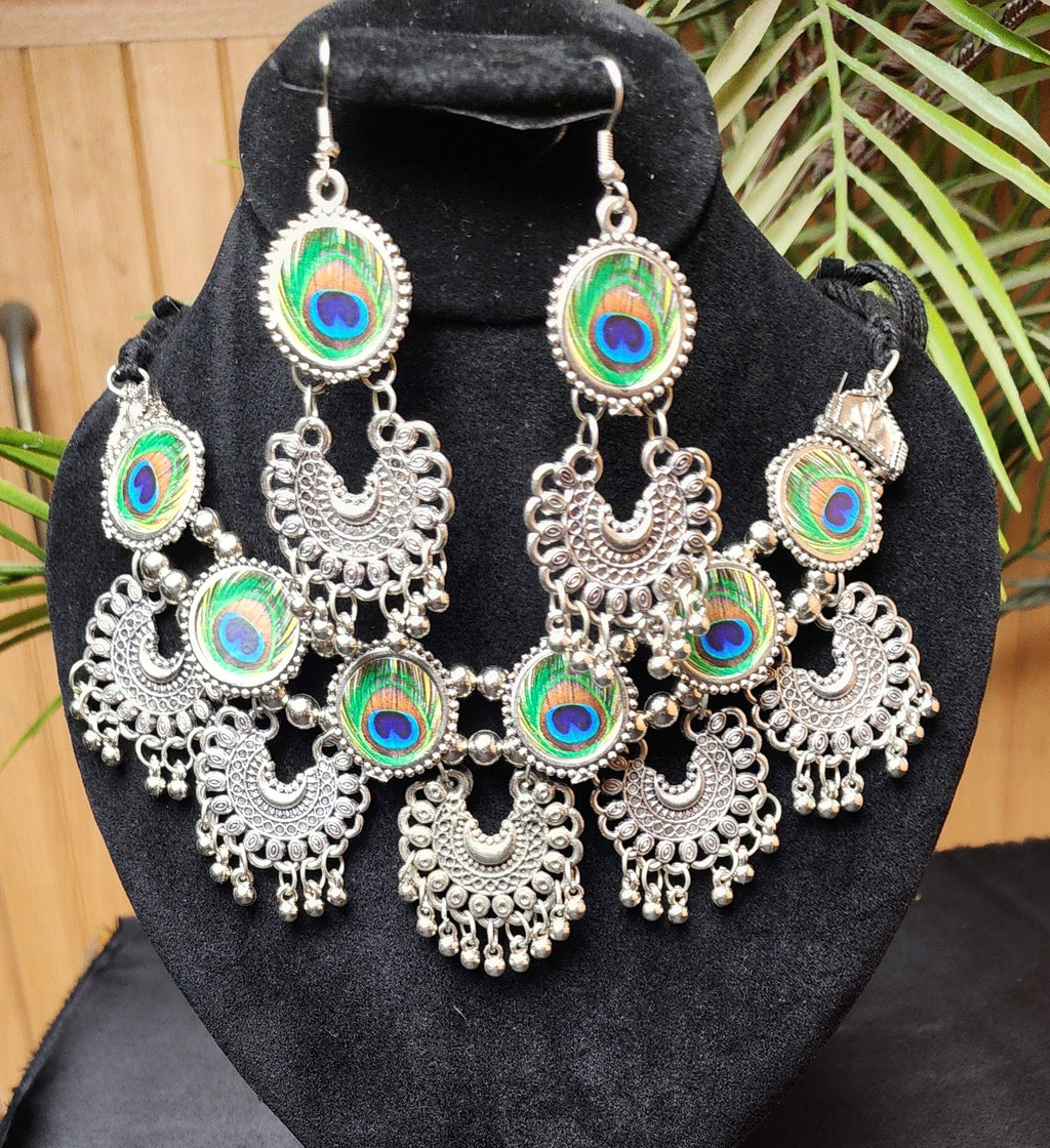 Oxidized Statement Lotus Choker Necklace Set with Earrings