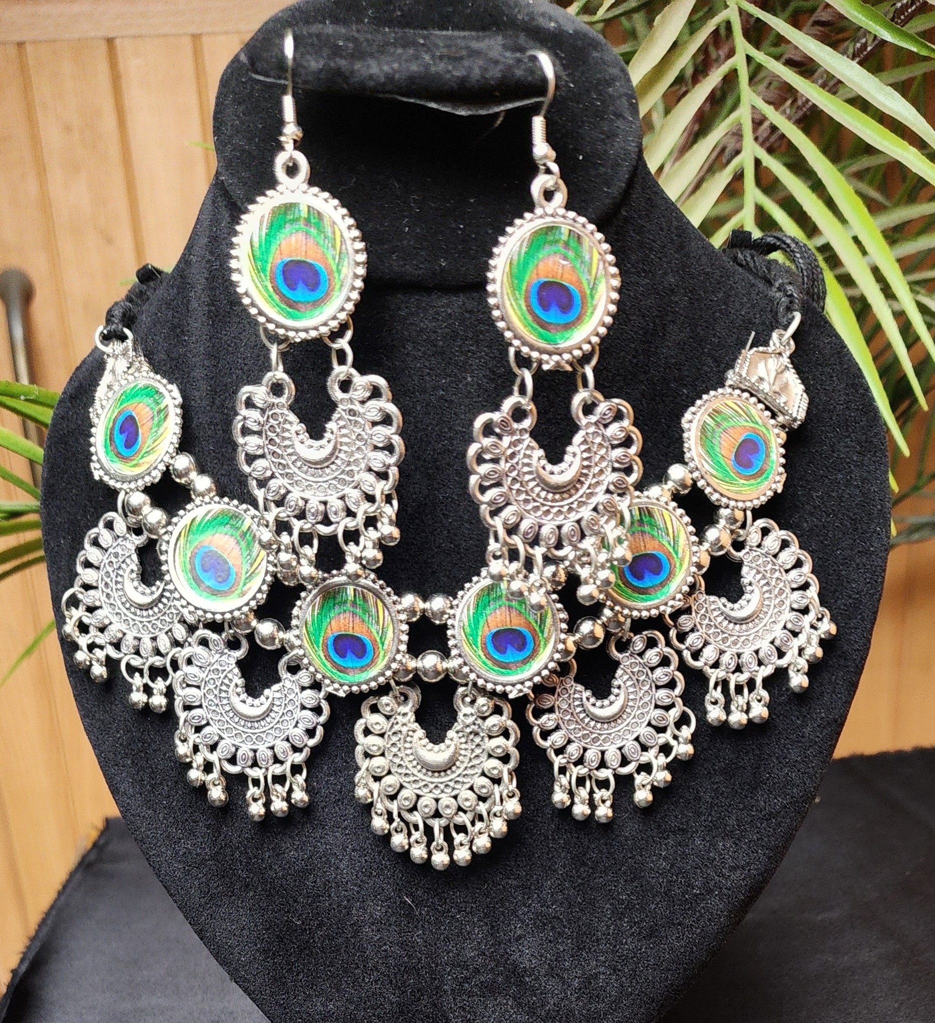 Oxidized Statement Lotus Choker Necklace Set with Earrings