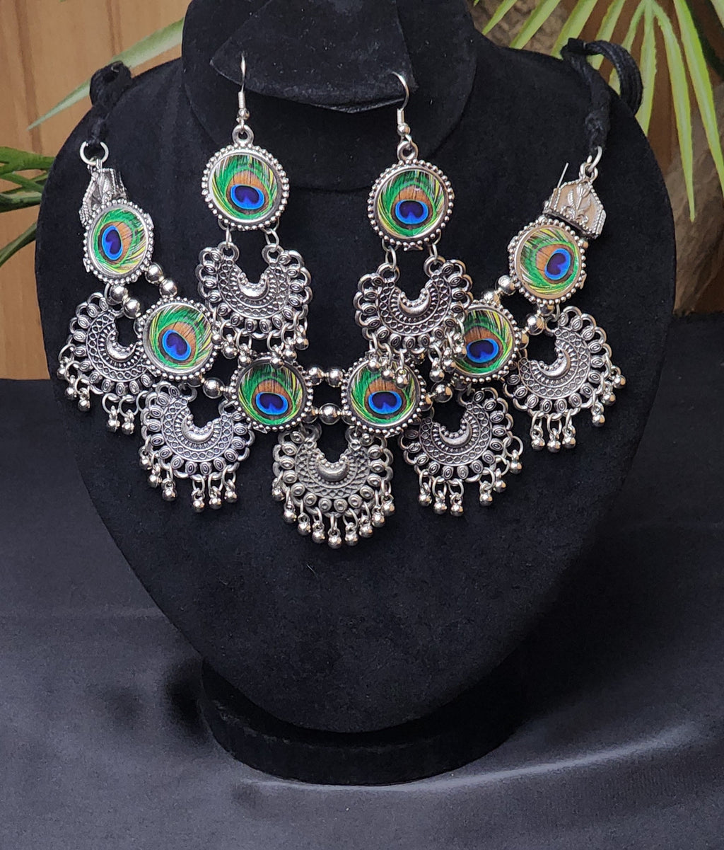 Oxidized Statement Lotus Choker Necklace Set with Earrings