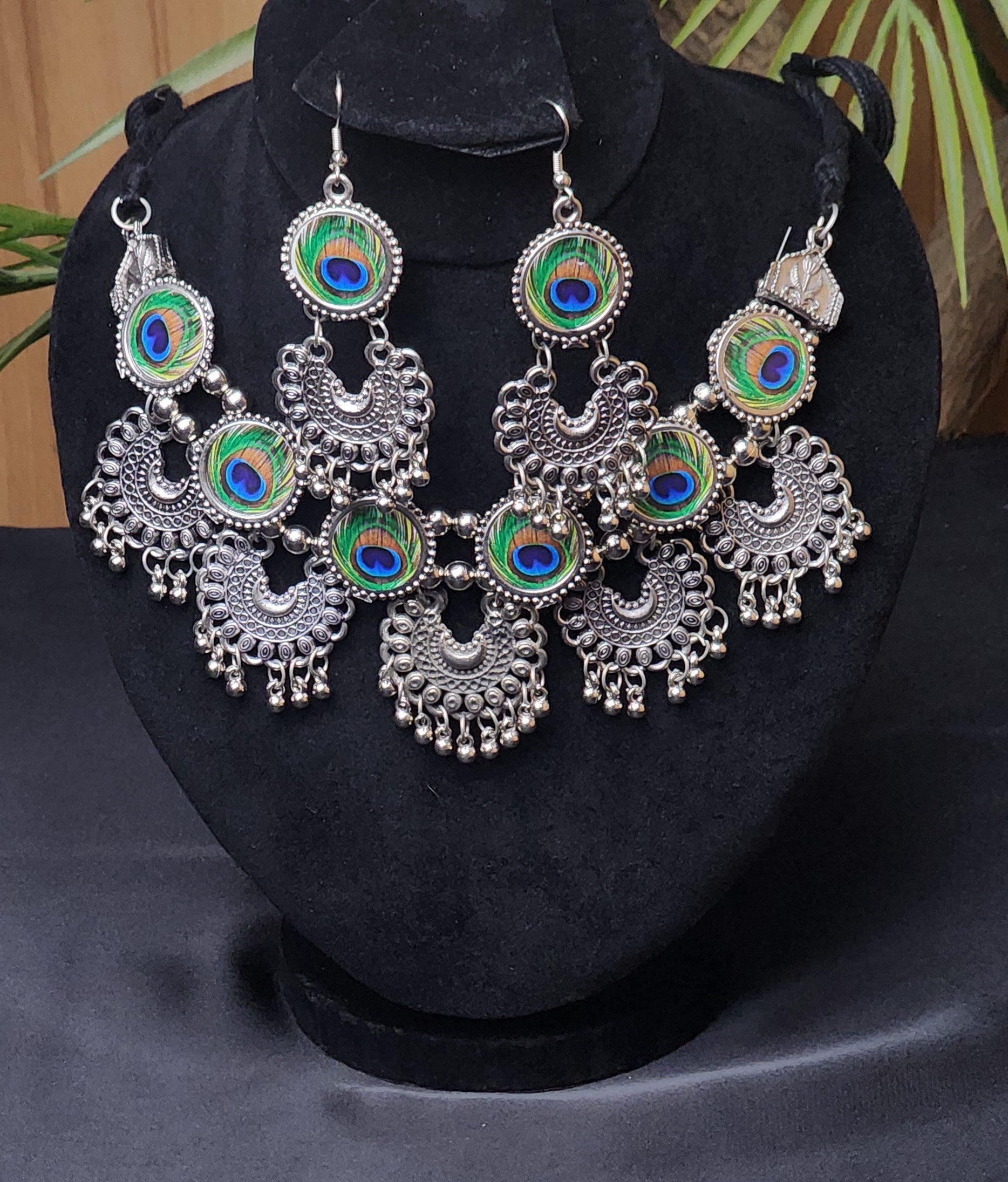 Oxidized Statement Lotus Choker Necklace Set with Earrings
