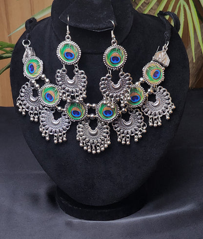 Oxidized Statement Lotus Choker Necklace Set with Earrings