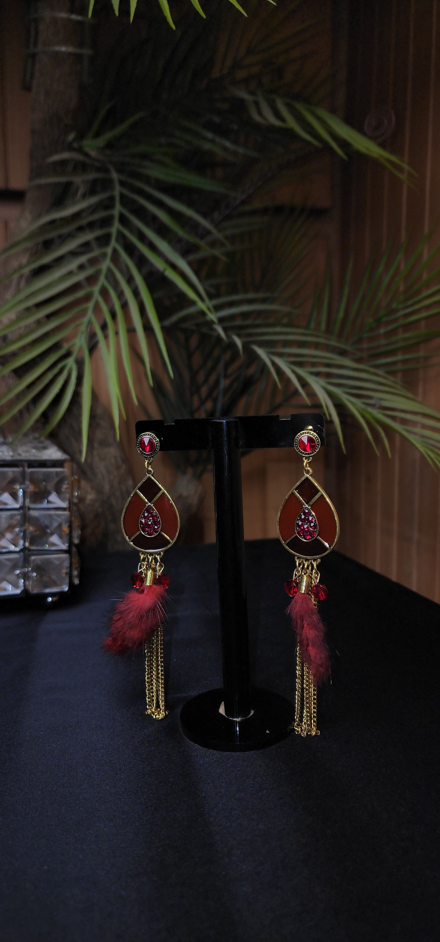 RED ZIRCON WITH LONG CHAIN EARRINGS