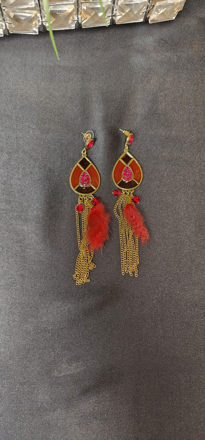 RED ZIRCON WITH LONG CHAIN EARRINGS
