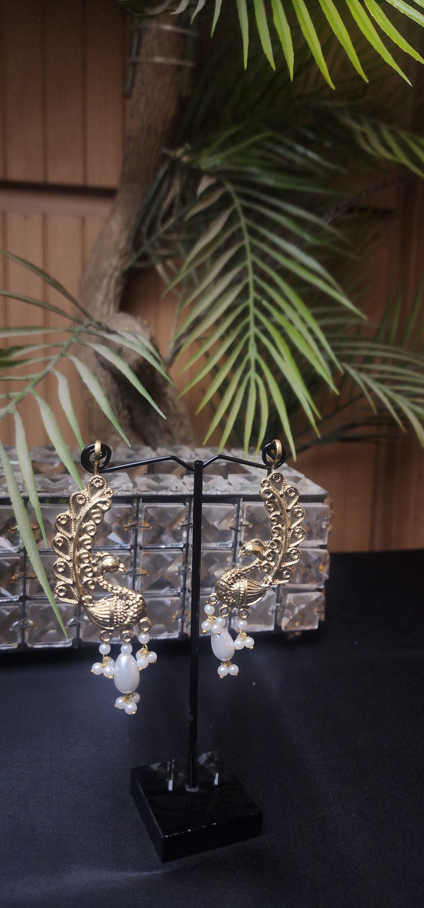 Peacock with Pearl Golden Earrings