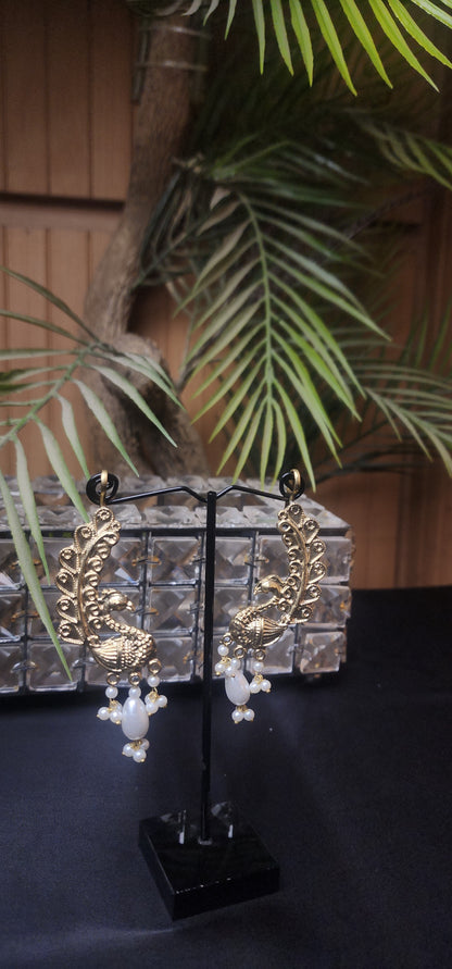 Peacock with Pearl Golden Earrings