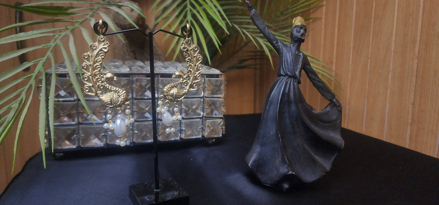 Peacock with Pearl Golden Earrings