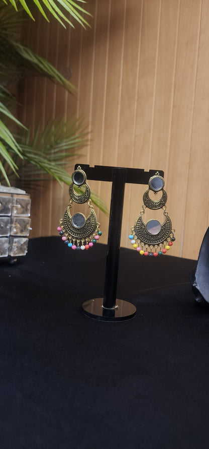 Multi Stone with Center Mirror Golden Earrings