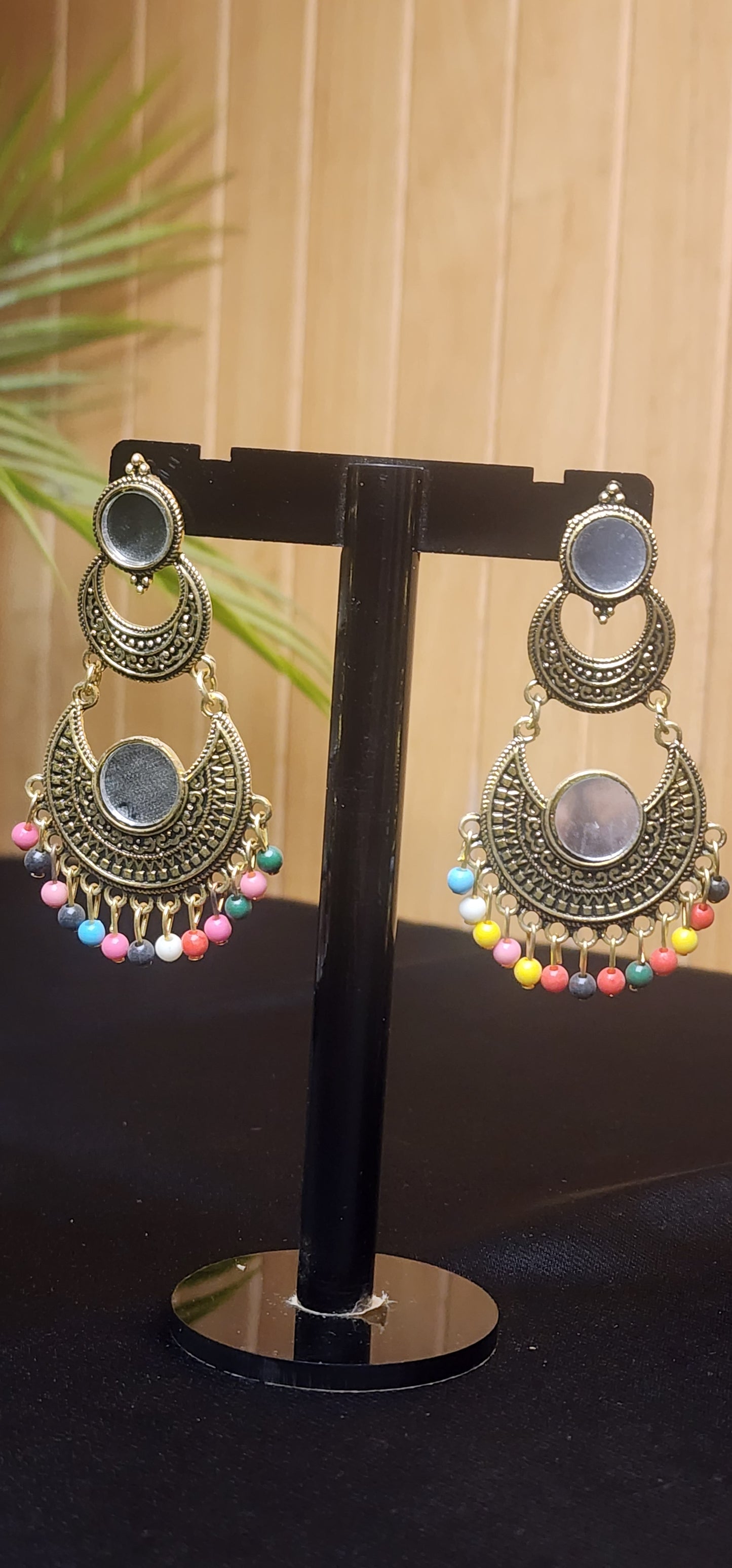 Multi Stone with Center Mirror Golden Earrings