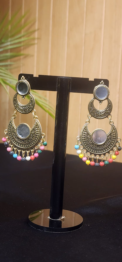Multi Stone with Center Mirror Golden Earrings