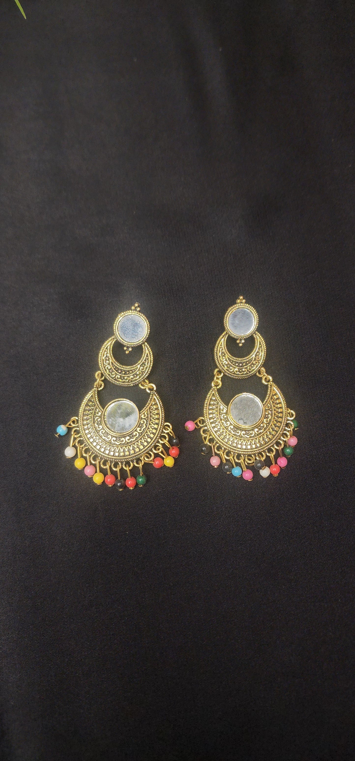 Multi Stone with Center Mirror Golden Earrings