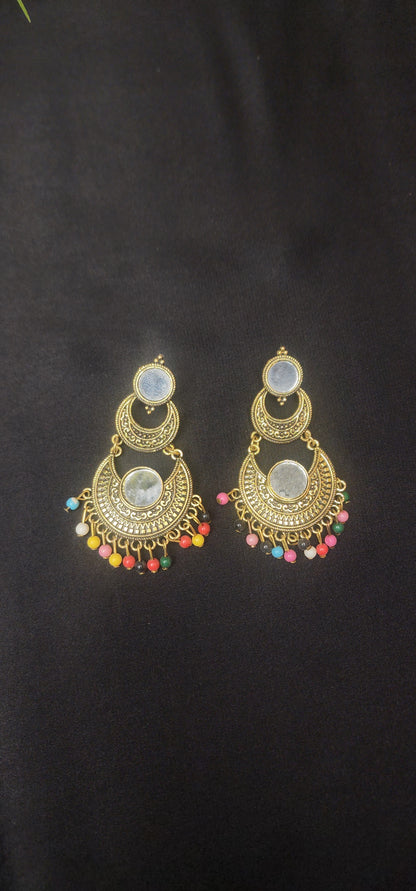 Multi Stone with Center Mirror Golden Earrings