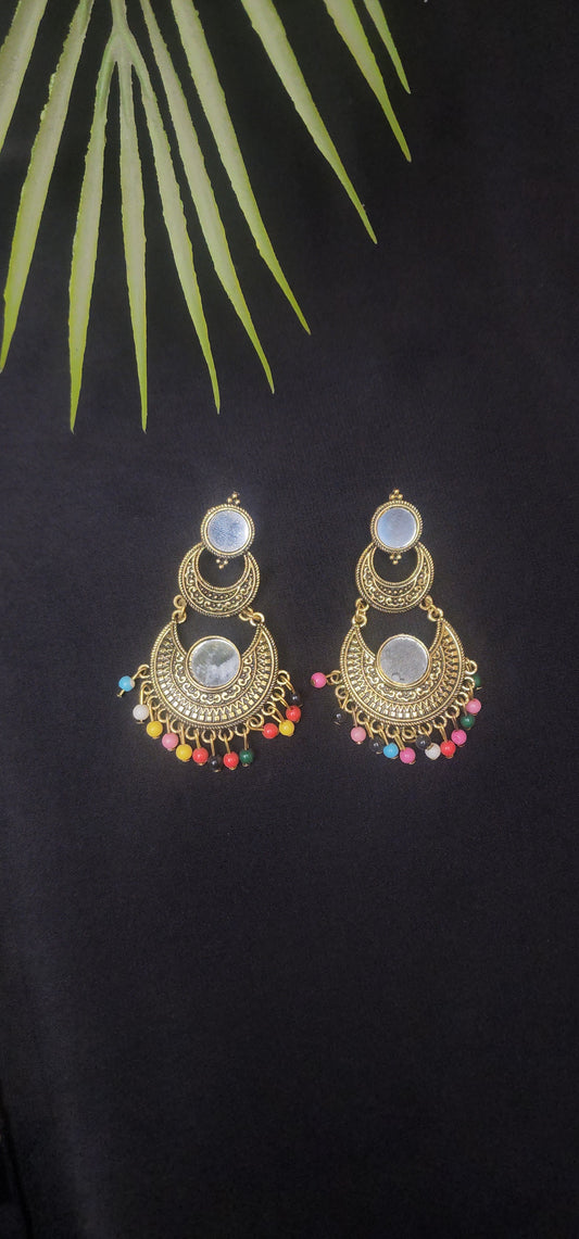 Multi Stone with Center Mirror Golden Earrings
