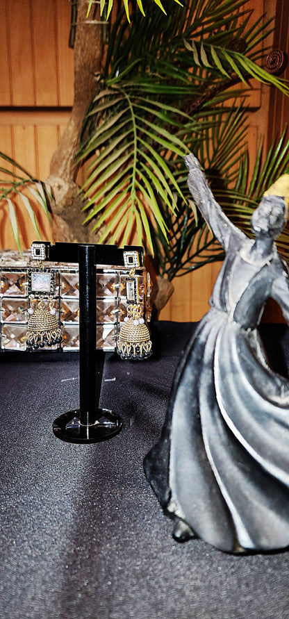 Round Mirror Golden Colour & Black Stone Earrings