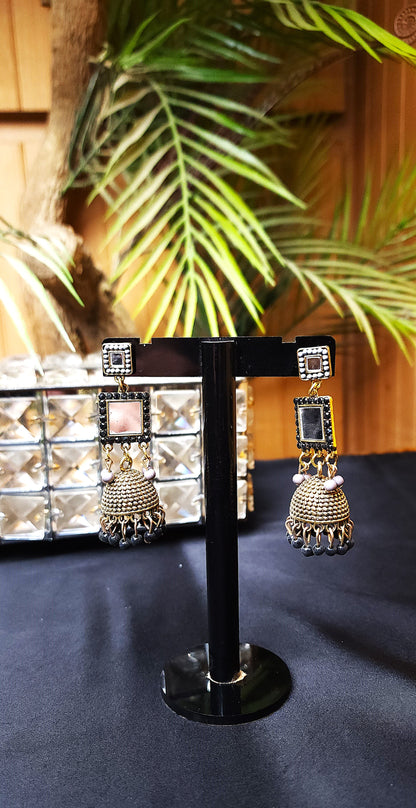 Round Mirror Golden Colour & Black Stone Earrings