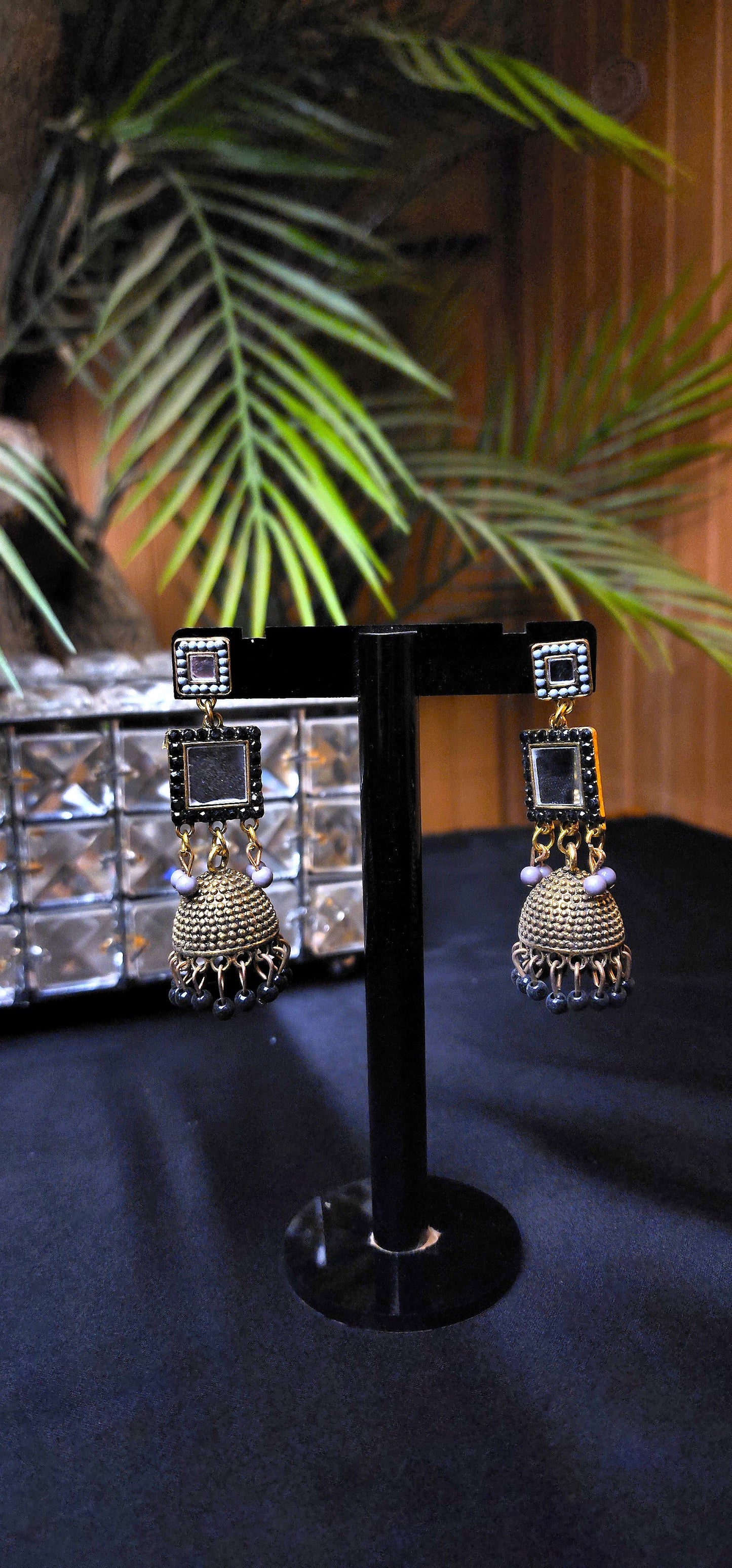 Round Mirror Golden Colour & Black Stone Earrings