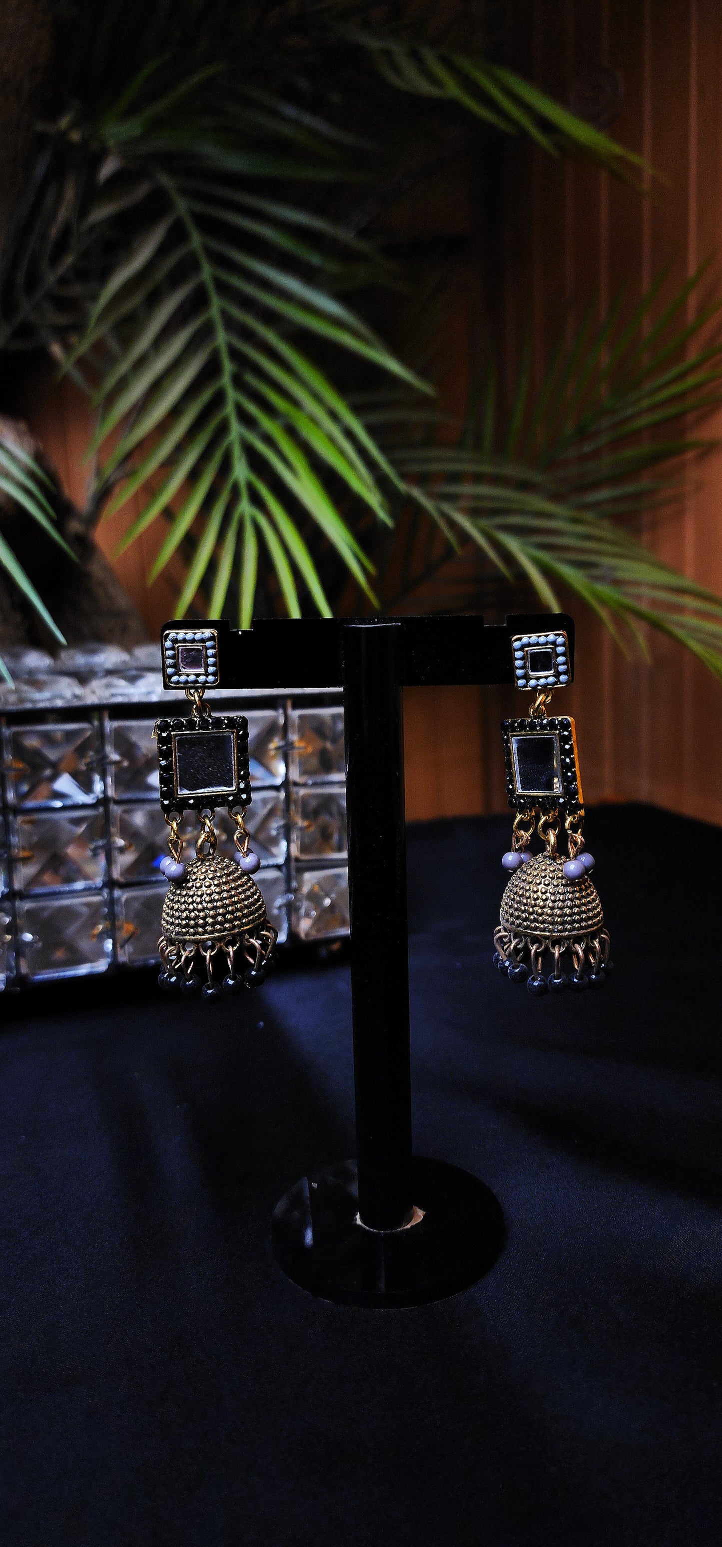 Round Mirror Golden Colour & Black Stone Earrings