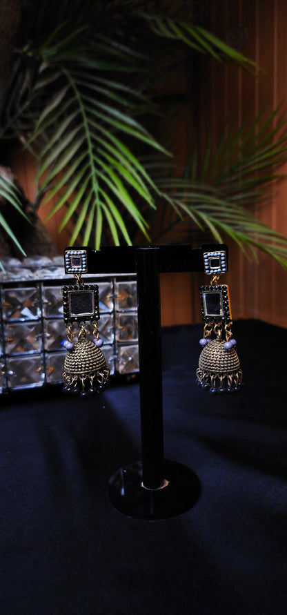 Round Mirror Golden Colour & Black Stone Earrings