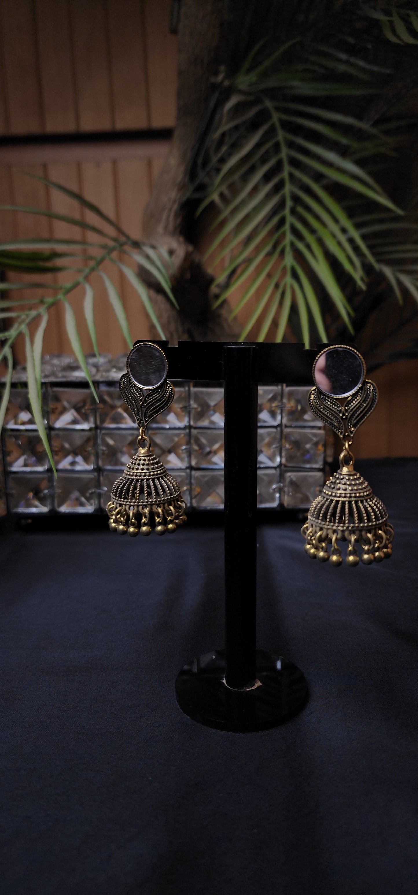 Round Mirror Golden Colour & Black Stone Earrings