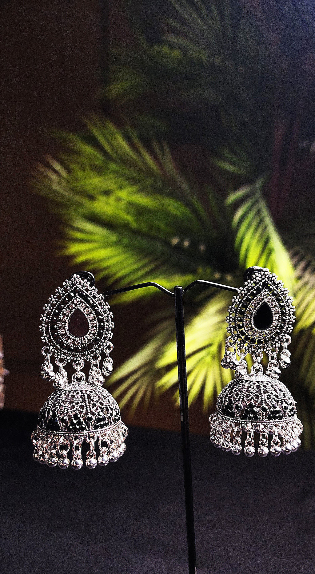 Center Black Stone Inside Outside Silver Earrings