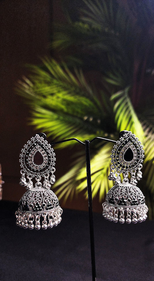 Center Black Stone Inside Outside Silver Earrings