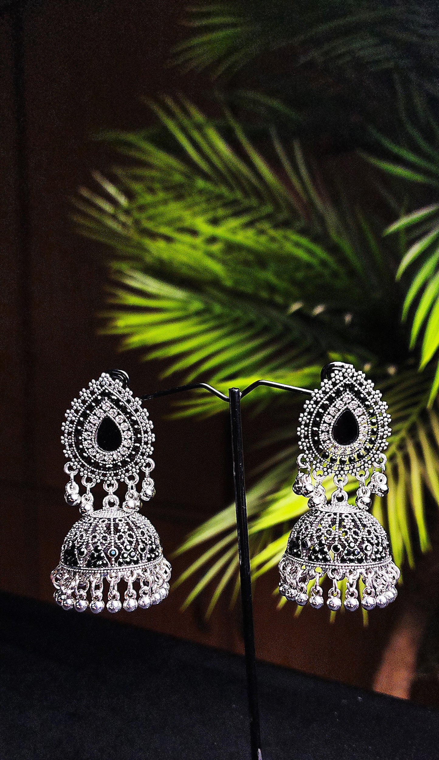 Center Black Stone Inside Outside Silver Earrings