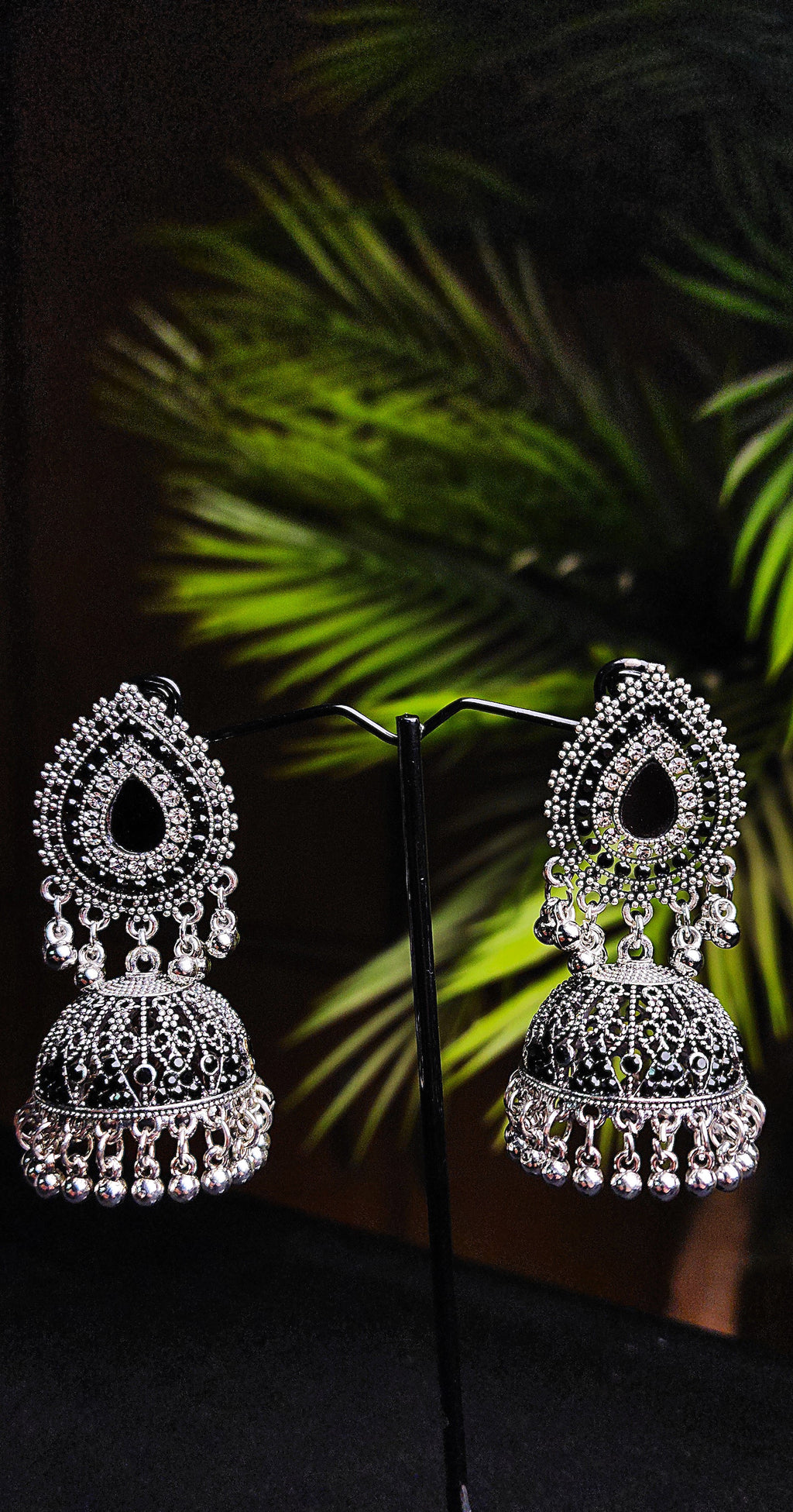 Center Black Stone Inside Outside Silver Earrings