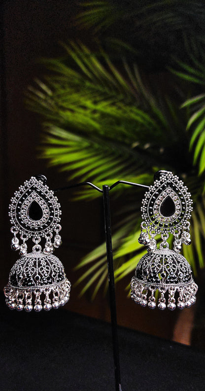 Center Black Stone Inside Outside Silver Earrings