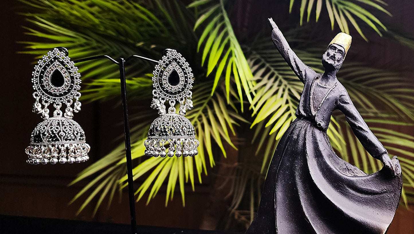 Center Black Stone Inside Outside Silver Earrings