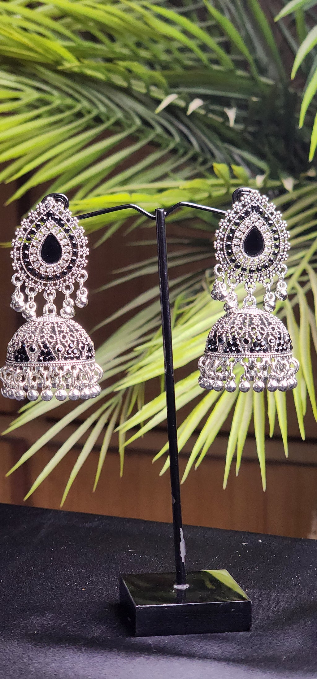 Center Black Stone Inside Outside Silver Earrings