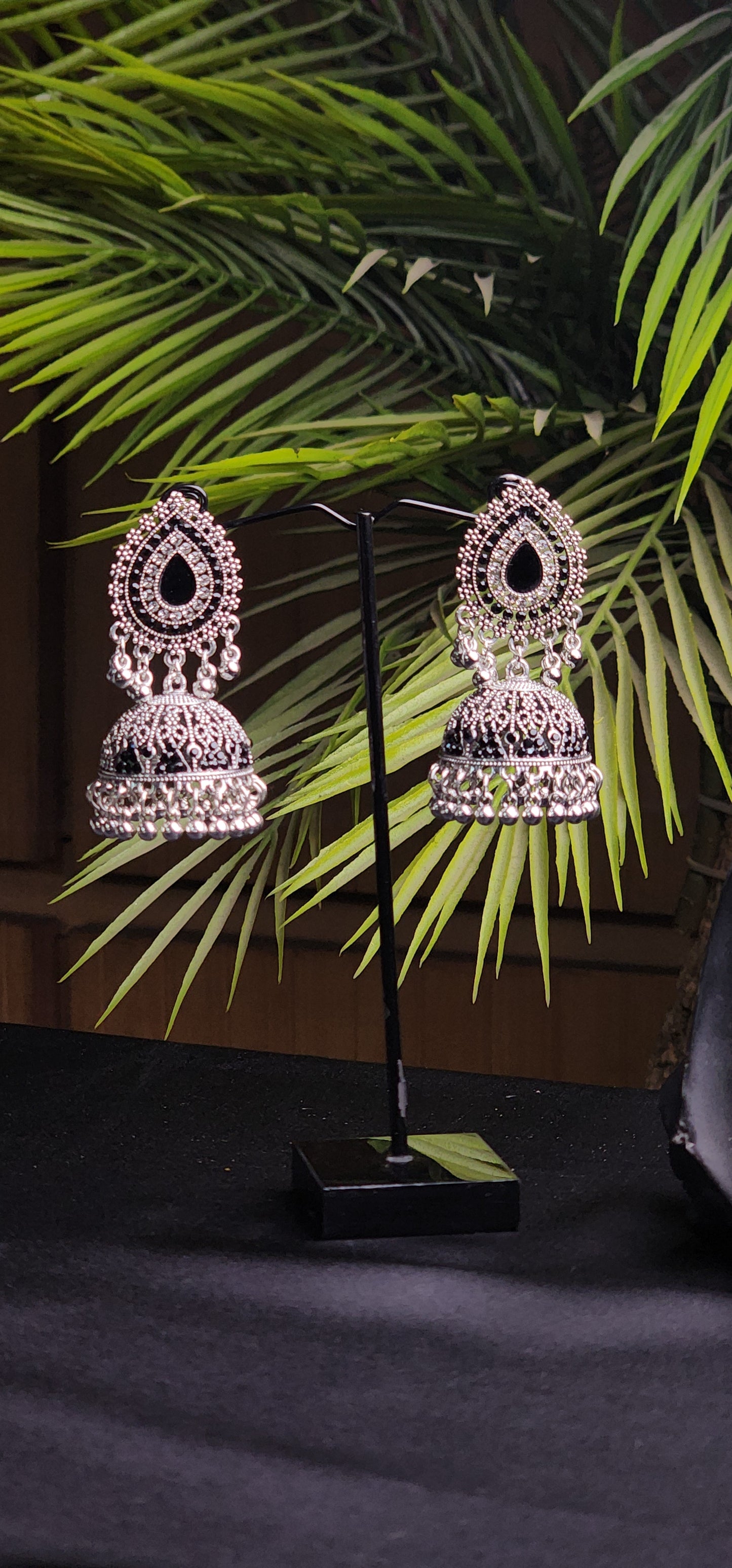 Center Black Stone Inside Outside Silver Earrings