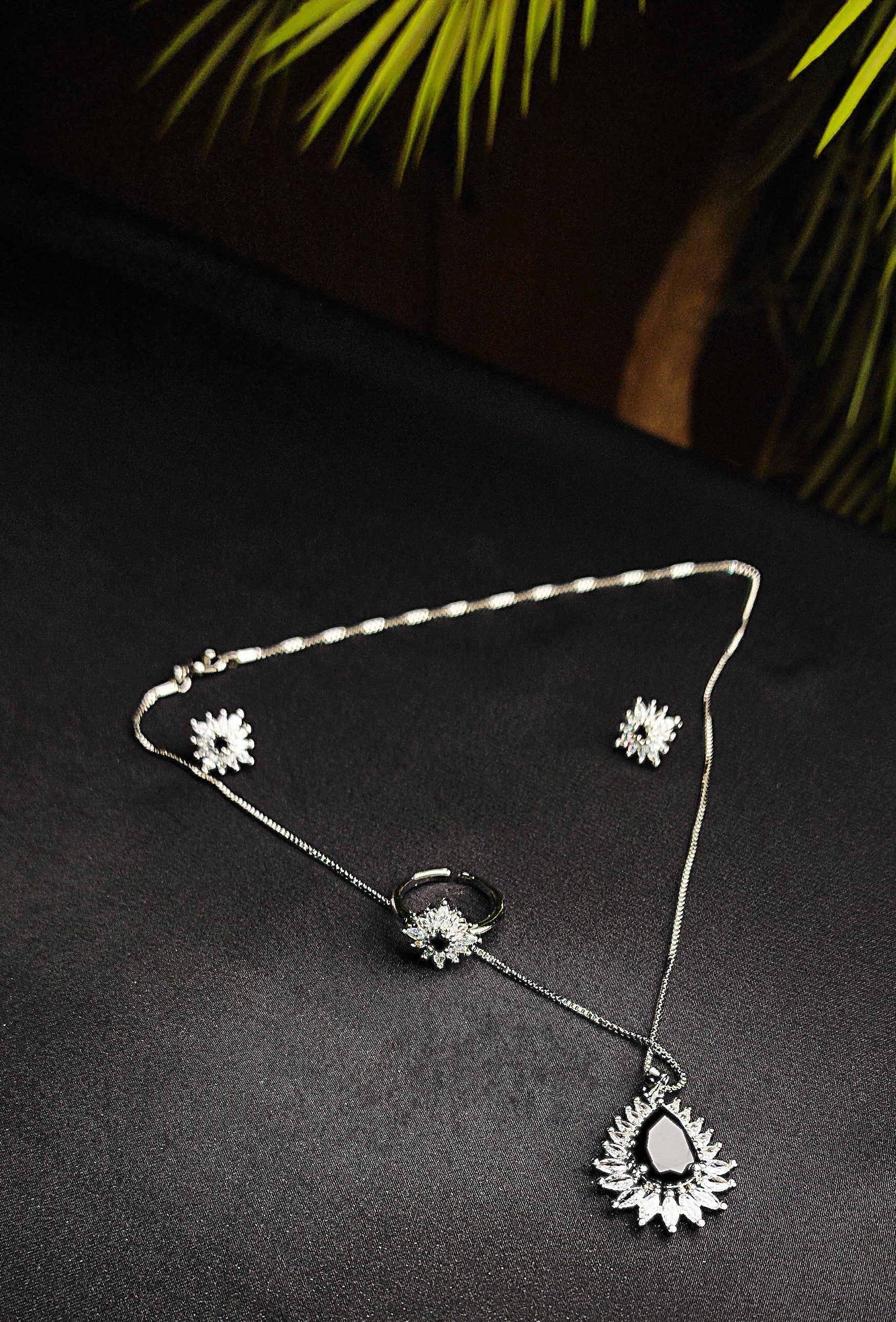 Black stone Inside Silver Zircon Outside Pendant Set with 2 Earrings