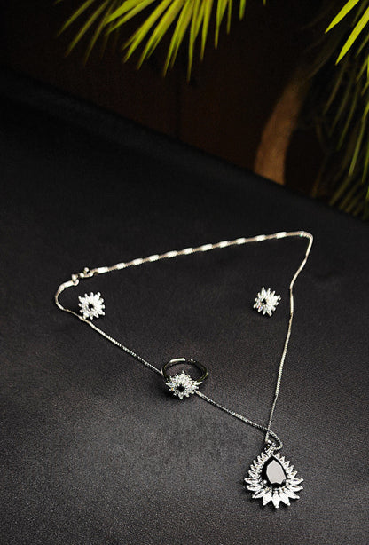 Black stone Inside Silver Zircon Outside Pendant Set with 2 Earrings