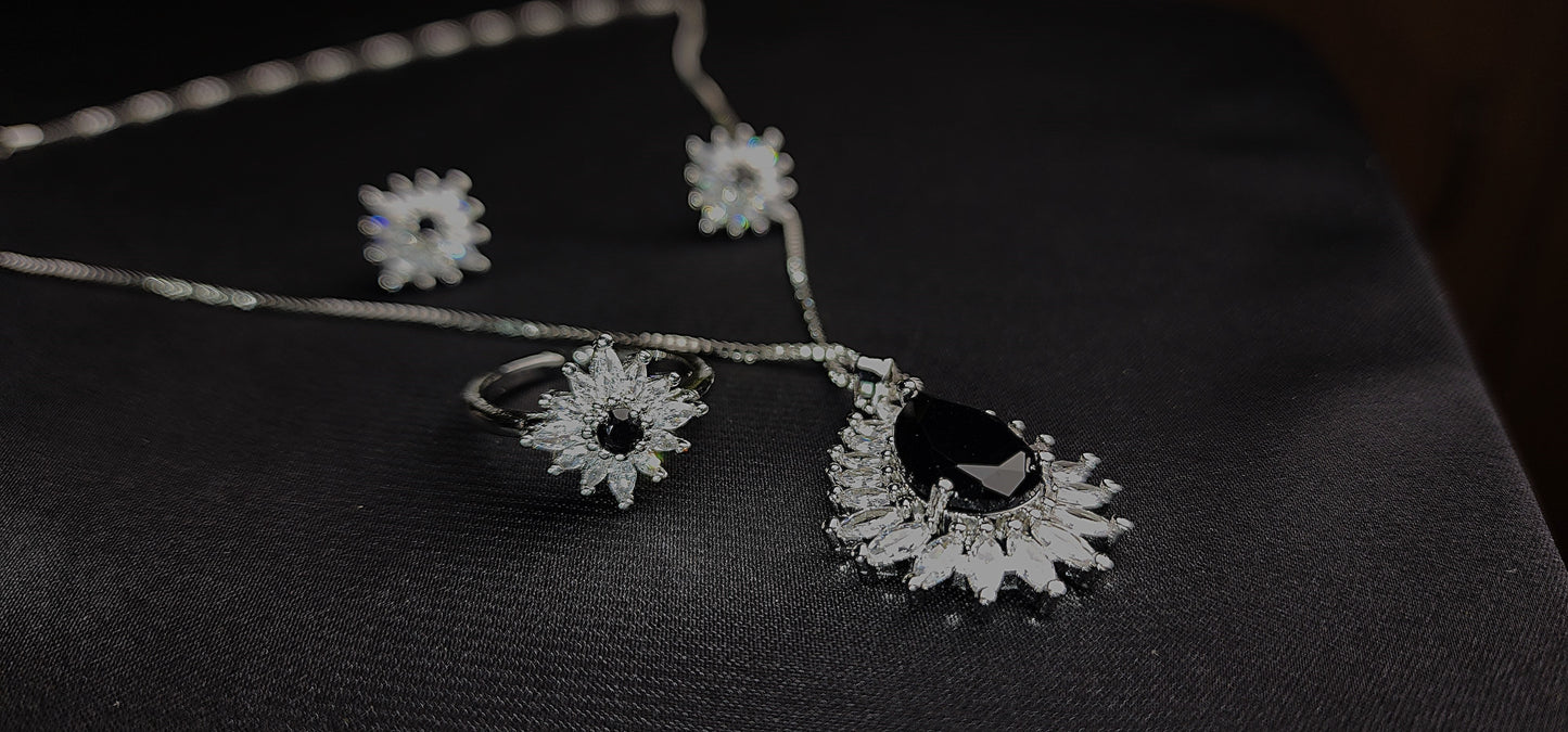 Black stone Inside Silver Zircon Outside Pendant Set with 2 Earrings