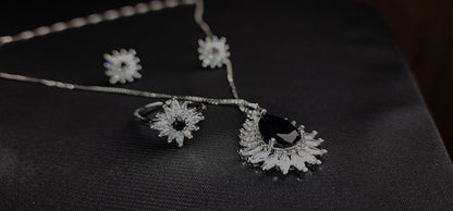 Black stone Inside Silver Zircon Outside Pendant Set with 2 Earrings