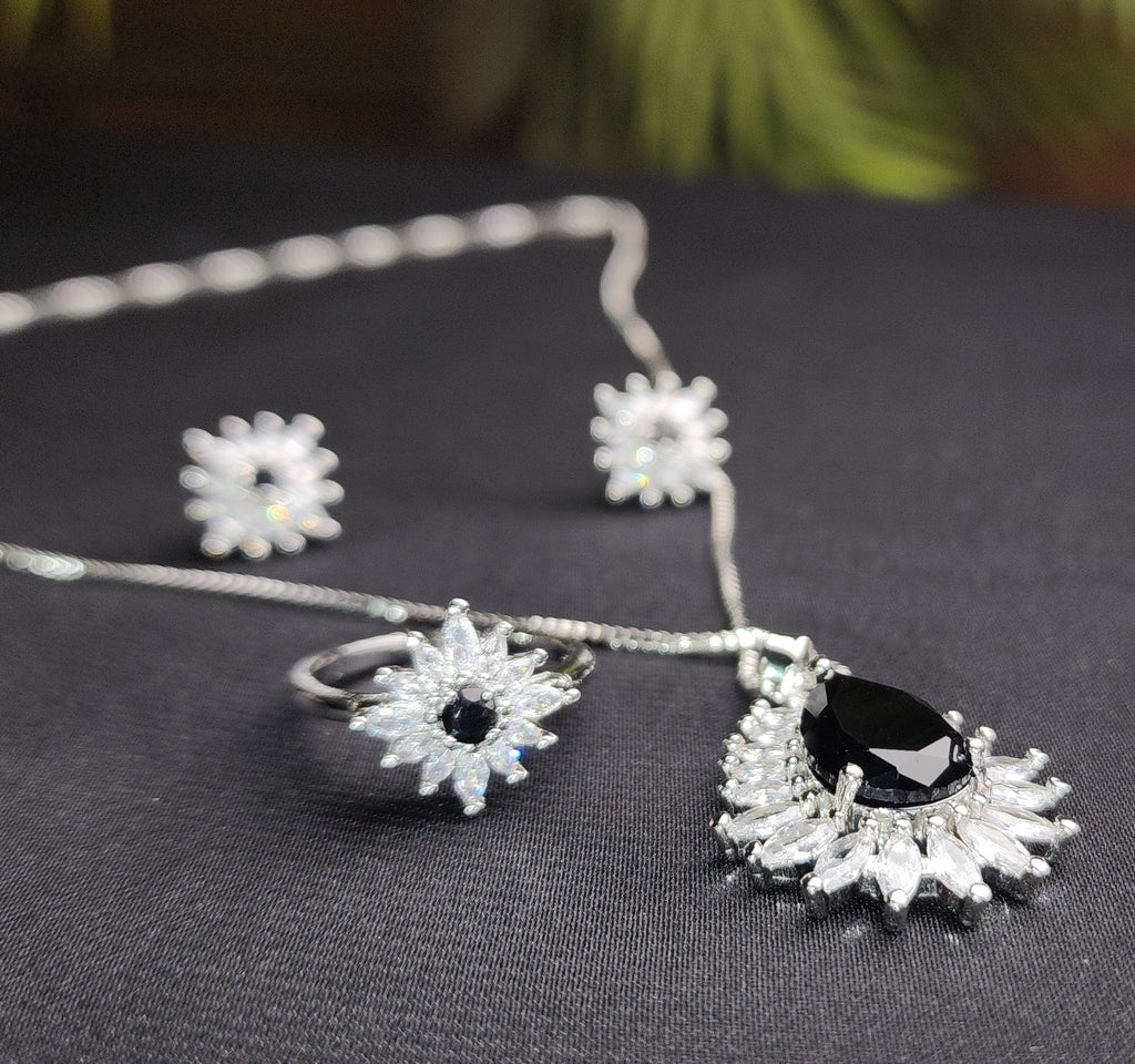 Black stone Inside Silver Zircon Outside Pendant Set with 2 Earrings