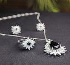 Black stone Inside Silver Zircon Outside Pendant Set with 2 Earrings