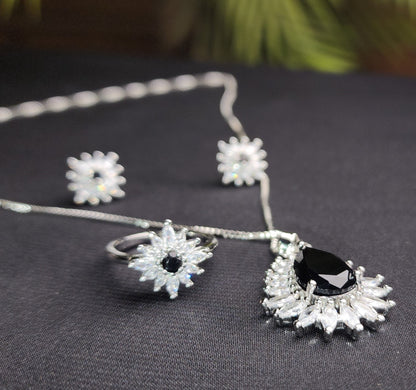 Black stone Inside Silver Zircon Outside Pendant Set with 2 Earrings