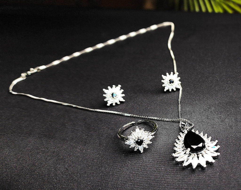 Black stone Inside Silver Zircon Outside Pendant Set with 2 Earrings