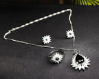 Black stone Inside Silver Zircon Outside Pendant Set with 2 Earrings