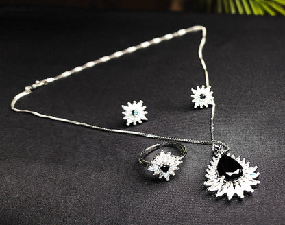 Black stone Inside Silver Zircon Outside Pendant Set with 2 Earrings