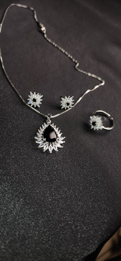 Black stone Inside Silver Zircon Outside Pendant Set with 2 Earrings