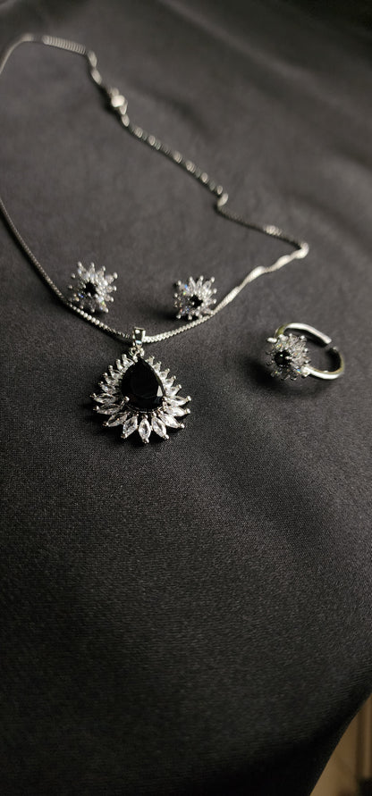 Black stone Inside Silver Zircon Outside Pendant Set with 2 Earrings